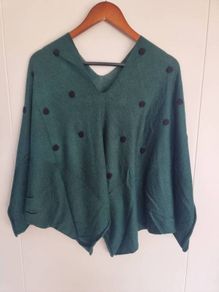 Forest Green Crea, V-Neck Knit, Handkerchief Hem, One Size