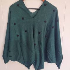 Forest Green Crea, V-Neck Knit, Handkerchief Hem, One Size