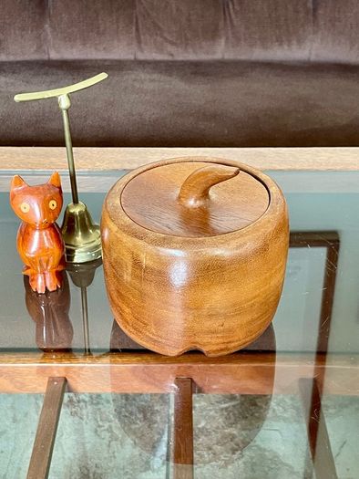 Vintage Apple Shaped Wood Jar Container Round Wooden Box 1960s 70s