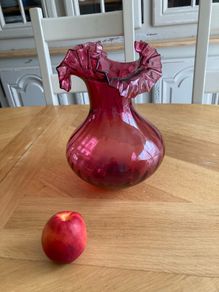 Stunning Oversized Cranberry Glass Vase . Hand blown glass with ruffle edge