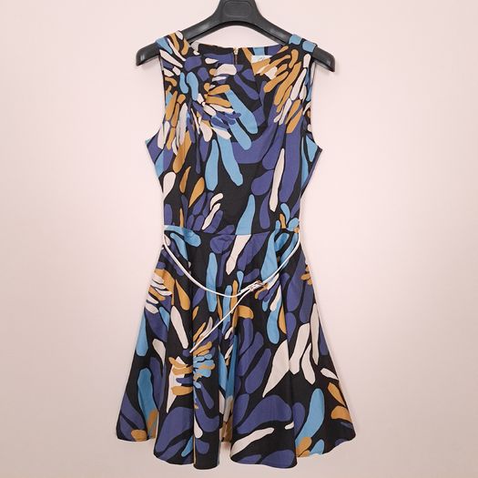 Closet London Abstract Blue Navy Belted A-Line Skater Dress 12UK/40EU