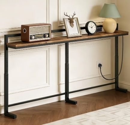 200 cm Slim Console Table with Adjustable Height (70 cm-90 cm), Behind Sofa Table Skinny with Outlet, Long Entryway Table, Couch Table Behind Sofa for Living Room, Rustic Brown