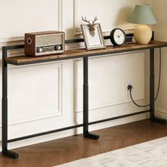200 cm Slim Console Table with Adjustable Height (70 cm-90 cm), Behind Sofa Table Skinny with Outlet, Long Entryway Table, Couch Table Behind Sofa for Living Room, Rustic Brown