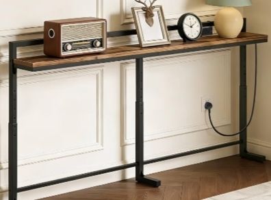 200 cm Slim Console Table with Adjustable Height (70 cm-90 cm), Behind Sofa Table Skinny with Outlet, Long Entryway Table, Couch Table Behind Sofa for Living Room, Rustic Brown