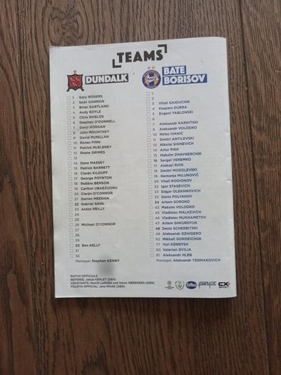 Dundalk v Bate Borisov programme Champions League 2016