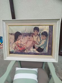 Vintage MidCentury Coastal Children Framed Wall Art Print Large 34" x 25"