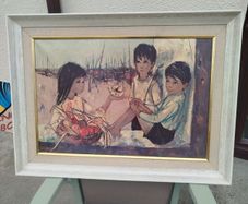 Vintage MidCentury Coastal Children Framed Wall Art Print Large 34" x 25"