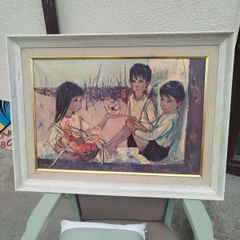 Vintage MidCentury Coastal Children Framed Wall Art Print Large 34" x 25"