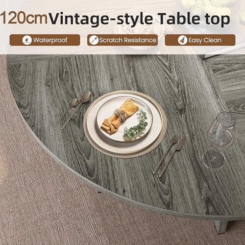 Round Dining Table for 4-6 People, Grey Kitchen Table, 120CM Farmhouse Dinning Tables, Wooden Stylish Dining Tables, No Shaking, for Kitchen and Living Room, Easy to Assemble (only table)