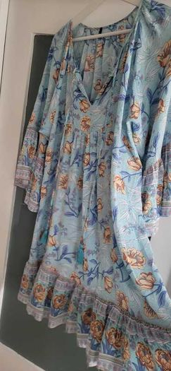 Unsigned sky blue floral floaty boho dress Sz L (Fit 12-14UK)