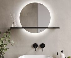 Round Backlit Heated Bathroom Mirror with Lights & Black Shelf 500mm