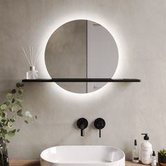 Round Backlit Heated Bathroom Mirror with Lights & Black Shelf 500mm