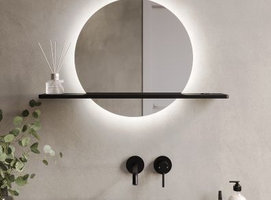 Round Backlit Heated Bathroom Mirror with Lights & Black Shelf 500mm