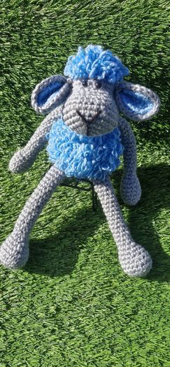 Handmade Crochet Lamb Plushie - Blue & Grey, 30cm