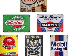 Set of 6 Vintage Metal Signs (20 x 30 cm) Tin Signs - Retro Wall Decoration for Garage, Workshop, Bar | Classic Automotive Wall Art