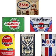 Set of 6 Vintage Metal Signs (20 x 30 cm) Tin Signs - Retro Wall Decoration for Garage, Workshop, Bar | Classic Automotive Wall Art