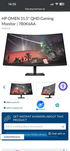 Monitor - HP OMEN 31.5 inch QHD 165Hz Curved Monitor