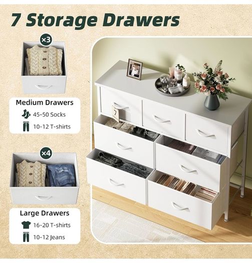 Chest of Drawers for Bedroom with 7 Drawers, Fabric Storage Drawer, Tall White Hallway Storage Unit