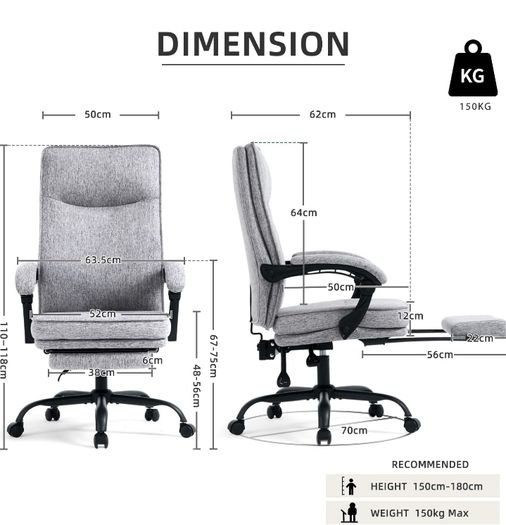 Office Chairs for Home, Ergonomic Office Chair with Footrest 90 135 Recline 150kg Heavy Duty Fabric Computer Desk Chair with Linkage Armrests, Adjustable Height for Napping and Gaming