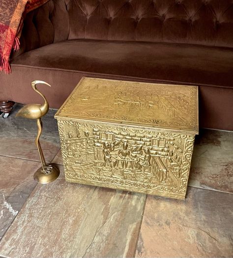 Ornate Brass Fireside Coal Box Embossed Tavern Scene