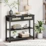 Rattan-Like Black Console Table, 3-Tier Hallway Table with 2 Flip-Down Drawers and Storage Shelves, 80 cm, Open and Hidden Storage Space, Woven Decoration, Black Image 2