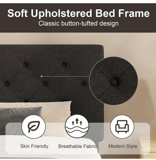 Single Bed Frame, 90 x 190 cm, with Adjustable Upholstered Headboard, Heavy Duty 256kg Weight Capacity, Easy Assembly, No Box Spring Needed, Grey