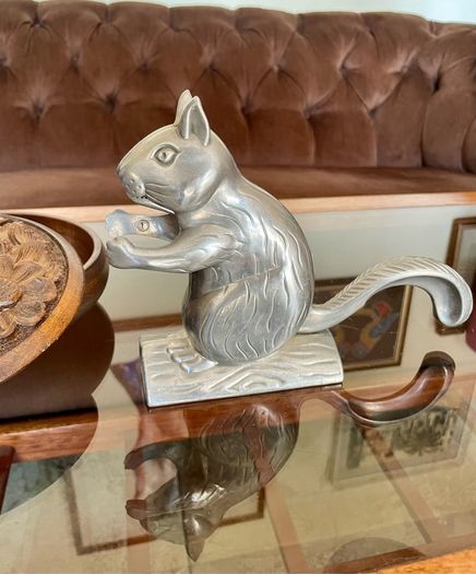 Vintage Aluminum Metal Squirrel on Log Nutcracker