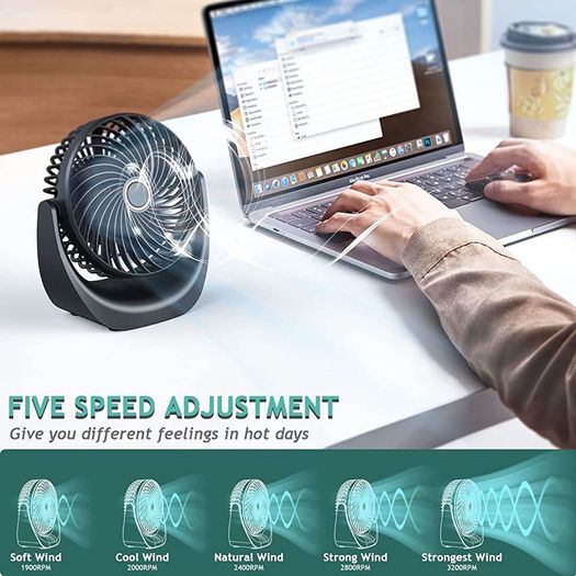 USB Desk Fan, Small Personal Fan,Table Fan Rechargeable 4000mAh Battery,5 Speed Silent Bed Fans with 360 Degree Rotatable Strong Airflow (FREE POSTAGE)