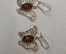 Sterling Silver Butterfly Earrings with Amber-Coloured Stones
