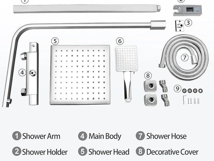 Shower System Thermostatic Set, Chrome Shower Riser Rail with Adjustable Rainfall Shower, Scalding Protection Bath Tap, Anti-Kink Bath Hose (Square, Chrome)