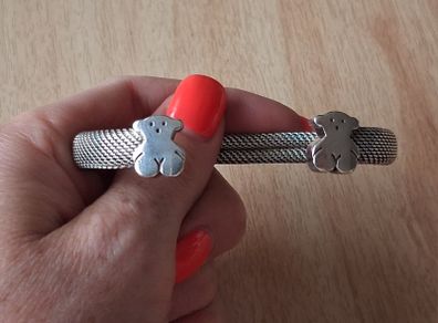 Tous silver mesh bangle bracelet with teddy bears