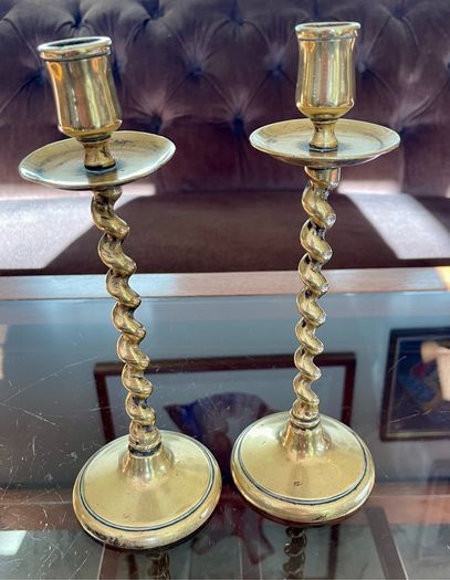 Vintage Brass Single Barley Twist Candlesticks Pair Spiral Candle Holders