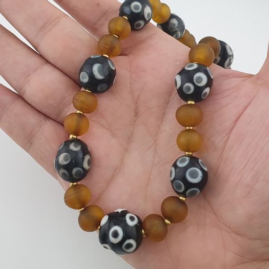 Antique Venetian African Style Eyes & Yellow Brown African Glass Beads Necklaces