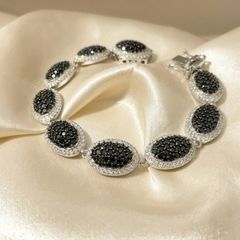 Silver Natural Black Spinel & Cambodian Zircon Halo Bracelet