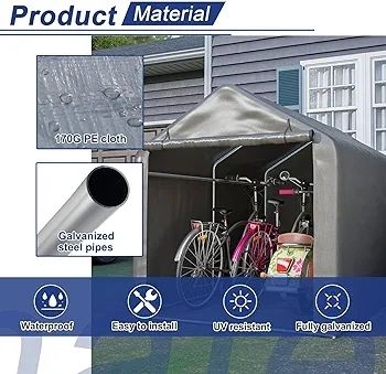 2.2M 1.6M Garden Waterproof Anti-UV Bike Storage Tent Bicycle Motorcycle Shed Shelter Outdoor Backyard Steel Frame PE Cover Zipper Door Large Grey