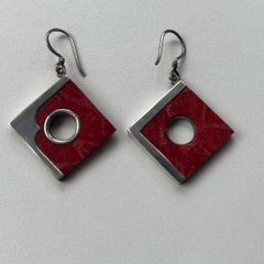 Vintage Sterling Silver and Red Wood Drop Earrings