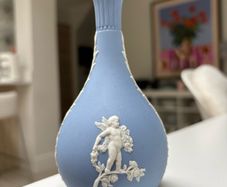 Vintage Wedgwood English Jasperware Bud Vase | Pale Blue & Antique White Neoclassical Cherub Angels