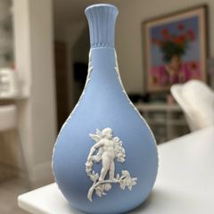 Vintage Wedgwood English Jasperware Bud Vase | Pale Blue & Antique White Neoclassical Cherub Angels