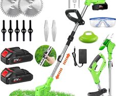 Cordless Garden Strimmers,Electric Cordless 21v Grass Strimmer with 2 X 2000mAh Battery, Adjustable Metal Blades,Garden Trimmer Telescopic Lightweight with Roller for Gardens