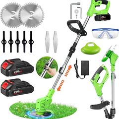Cordless Garden Strimmers,Electric Cordless 21v Grass Strimmer with 2 X 2000mAh Battery, Adjustable Metal Blades,Garden Trimmer Telescopic Lightweight with Roller for Gardens