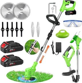 Cordless Garden Strimmers,Electric Cordless 21v Grass Strimmer with 2 X 2000mAh Battery, Adjustable Metal Blades,Garden Trimmer Telescopic Lightweight with Roller for Gardens