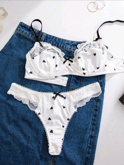 White Lingerie Set with Black Hearts & Bows Size M