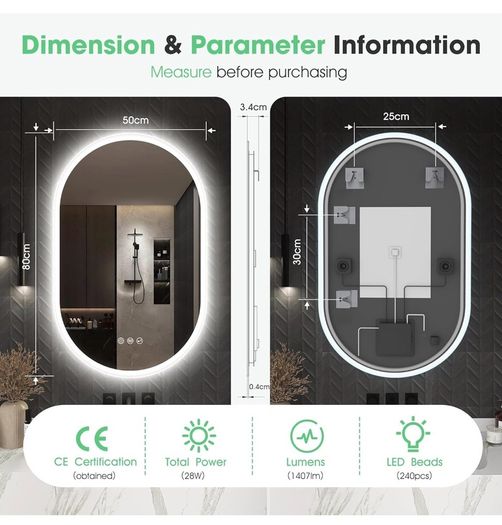 Oval Bluetooth Bathroom Mirror with LED Lights 500x800mm, Anti-Fog