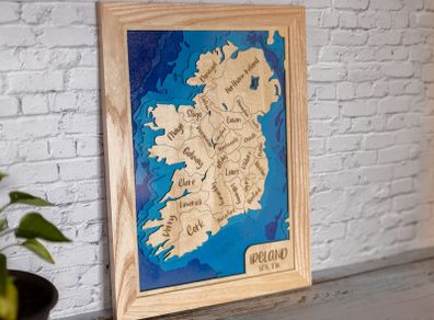 Brand New Handmade Wooden Map of Ireland - 5 Layers of Wood - Ash Framed Wall Art