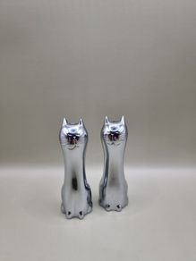 Vintage Chrome Salt And Pepper Shakers Cats Cruet Set