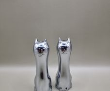 Vintage Chrome Salt And Pepper Shakers Cats Cruet Set