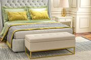 Storage Bench with Upholstered Seat, Decorative Button Tufting, Flannel Look, Gold-tone Steel Legs, 110 x 47 x 46.5 cm