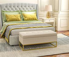 Storage Bench with Upholstered Seat, Decorative Button Tufting, Flannel Look, Gold-tone Steel Legs, 110 x 47 x 46.5 cm
