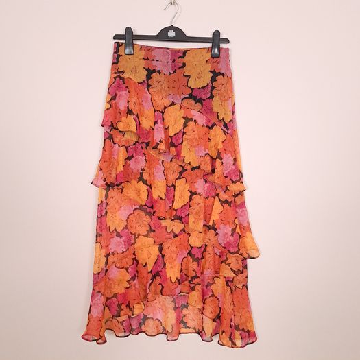 River Island Orange Pink Metallic Floral Print Tiered Ruffle Chiffon Midi Skirt 10UK/38EU