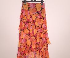 River Island Orange Pink Metallic Floral Print Tiered Ruffle Chiffon Midi Skirt 10UK/38EU